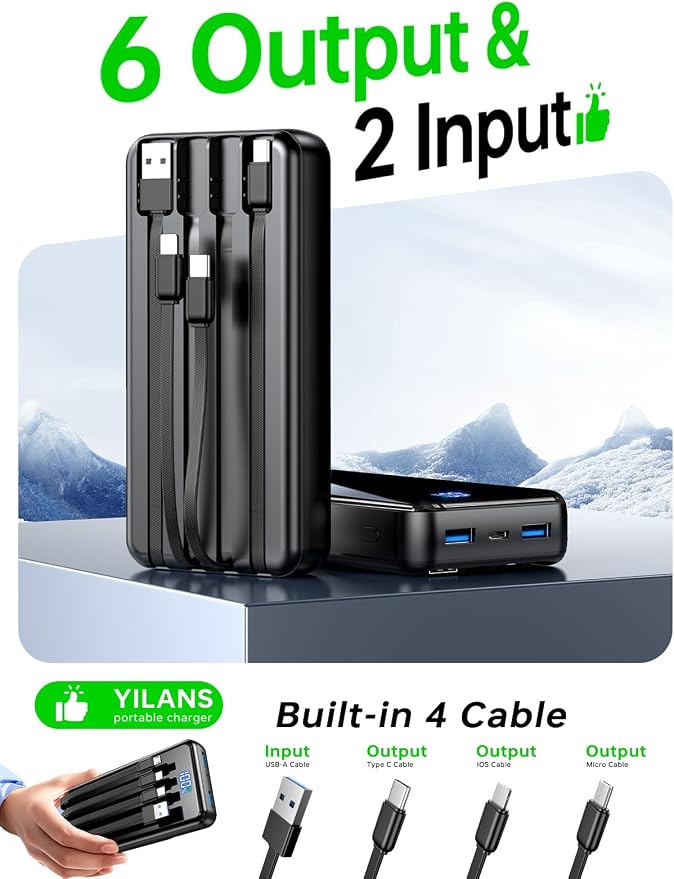 Portable Charger,50000mAh Power Bank Built-in Cable, 22.5W PD USB C In & Out Fast Charging, External Battery Pack with 6 Output & 2 Input, Travel Camping Essential for iPhone 17/16/15/14/13/12,Android - Image 2