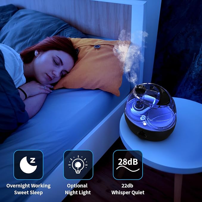 Humidifiers for Bedroom and Large Room, 2.2L Cool Mist Humidifier for Baby, 30 Hours with Whisper-Quiet Operation, Adjustable 360° Rotation Nozzle, Night Light Function, BPA Free - Image 4