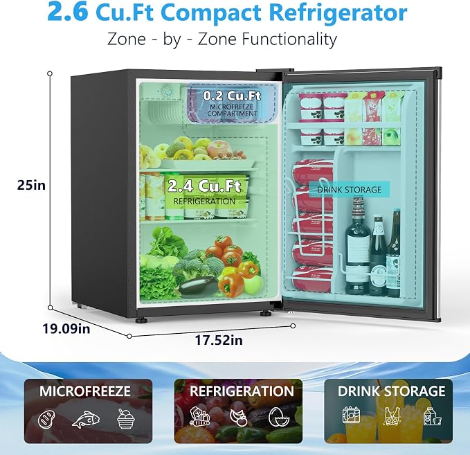COWSAR 2.6 Cu.Ft Mini Fridge with Freezer, Quiet Reversible Door Compact Refrigerator, Small Refrigerator with 2 Removable Shelves, Adjustable Thermostat, for Office, Bedroom, Dorm, Silver - Image 2