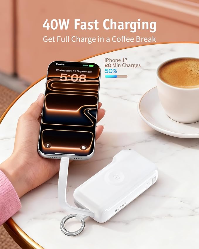 RORRY Flow Portable Charger, 10000mAh 40W Fast Charging Power Bank with Built-in USB C Cable and Foldable Wall Plug, Battery Pack Travel Essentials for iPhone 17/16/15, Apple Watch, iPad, MacBook - Image 4