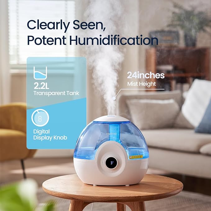 raydrop 2.2L Humidifiers for Bedroom, Cool Mist Humidifiers with Timer, Digital Knob, 26dB Quiet Small Humidifier for Baby, Nursery and Plants with Night Light, 30 Hours Runtime, Easy to Fill & Clean - Image 2