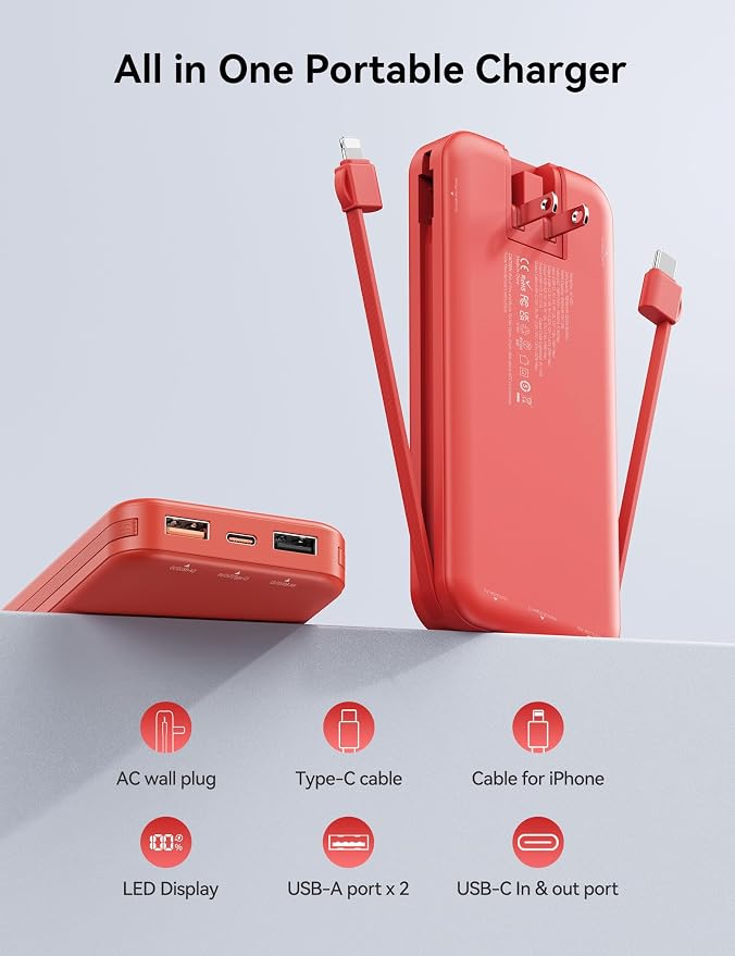 10000mAh Ultra-Portable-Charger-Power-Bank with Built in Cables&AC Wall Plug, PD20W USB-C Fast Charging Cell Phone Charger Battery Pack,LED Display Travel Battery Bank for All iPhone,Samsung,Android - Image 2