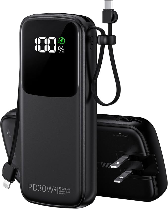 UYAYOHU Portable Charger, Power Bank, 15000mAh Battery Pack Fast Charging Lightweight, Built-in AC Wall Plug and 2 Output Cables with LED Display for iPhone15 14 13 12 11 Samsung iPad etc(Deep Black) by UYAYOHU