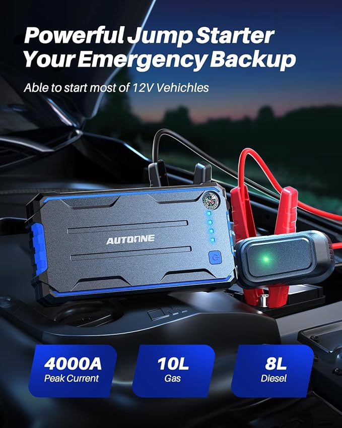 AUTOONE 4000A Car Jump Starter, Battery Jumper Starter Portable for Compact Car Up to 10.0L Gas and 8.0L Diesel Engine Jump Box with Jumper Cables, USB Output and LED Light - Image 2
