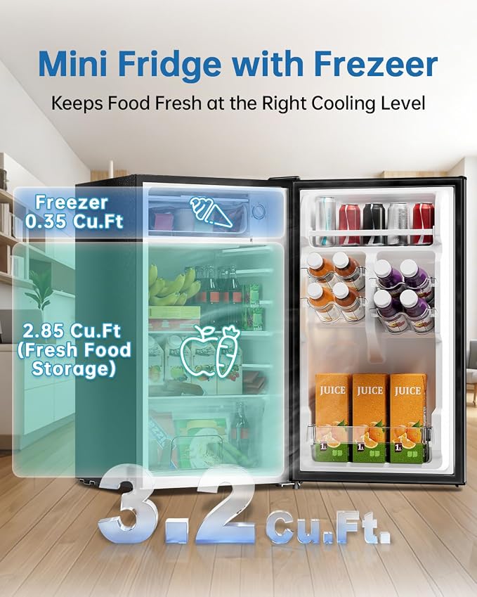 3.2 Cu Ft Mini Fridge with Freezer, Single Door Upright Freezer | Energy Efficient, Large Capacity, Reversible Door, ETL Certified, Small Refrigerator for Bedroom, Office & Dorm, Black - Image 3