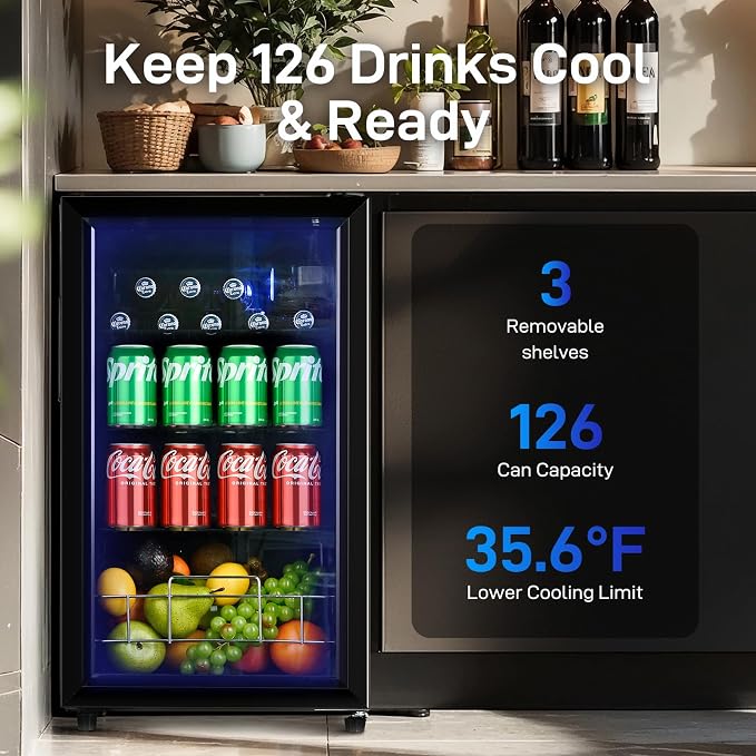 Anypro 2.6 Cu.Ft Beverage Refrigerator and Cooler, Fridge with Tempered Glass Door, 126 Cans Wine Drink Beer Fridge for Office Bedroom Bar, 7 Level Temperatures, Adjustable Shelves - Image 2