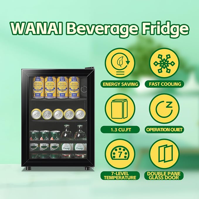 Beverage Refrigerator Cooler 1.3 Cu.Ft 45 Can Mini Small Fridge Black | Large Capacity with Glass Door, Adjustable Shelves for Soda Beer Wine, Perfect for Home Bar Office - Image 2