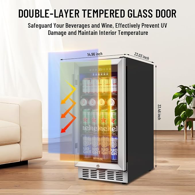 15 Inch Beverage Refrigerator, 130 Can Capacity Under Counter Fridge with Lock & Glass Door, Quiet Built-in or Freestanding Beer Cooler, Powerful Compressor for Fast Cooling - Image 7