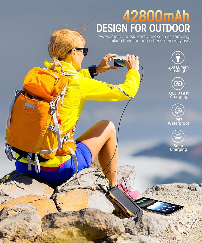 Mregb Solar Charger Power Bank 42800mAh, Portable Charger, Solar Power Bank,External Battery Pack 5V3.1A Qc 3.0 Fast Charger Built-in Super Bright Flashlight (Orange) - Image 7