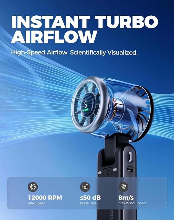Diveblues Portable Handheld Turbo Fan, 5 Gear Wind, Battery Operated, Up to 12 Working Hours, 3 IN 1 Hand Fan with Air Turbo Tech Cooling Fan for Outdoor Activities, Travel, Working, Obsidian black - Image 6