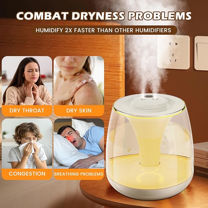 Humidifiers for Bedroom, 3 L Cool Mist Top-Fill 40H Super Long Time, 23dB Quiet, Baby Humidifier, Oil Diffuser for Large Room, Plants, Nursery, Office, Colored lights (white) - Image 6