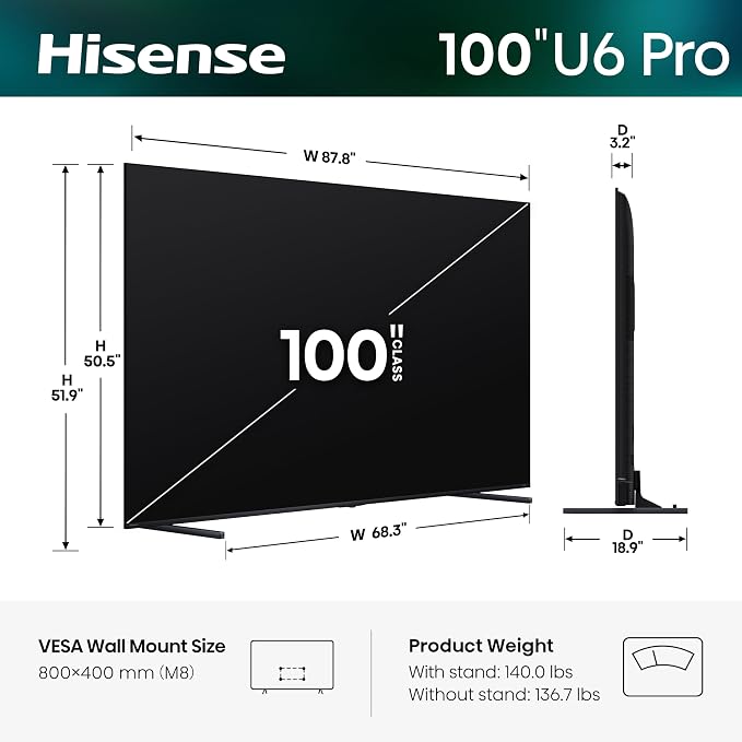 Hisense 100" U6 Pro Series Mini‑LED ULED 4K UHD HDR Gaming AI Smart Fire TV (100U6SF Pro, 2026 New) – Hi-QLED, Native 144Hz, Motion Rate 480, Dolby Vision IQ · Atmos, HDR10+, Glare-Free, Alexa+ - Image 3
