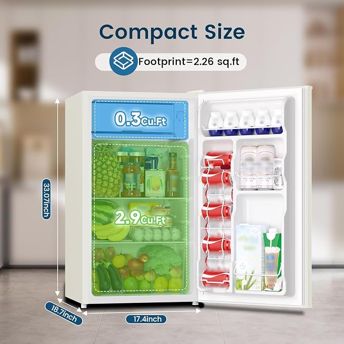 Mini Fridge with Freezer 3.2 Cu.Ft for Bedroom Cream White | Single Door, Small Refrigerator, Energy-efficient, Low Noise, Mini fridge for Dorm Office - Image 2