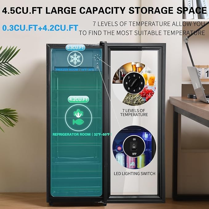 Beverage Refrigerator with Freezer 180 Can Freestanding Cooler Black | Adjustable Shelving Glass Door for Beer Soda or Wine Perfect for Home Office or Bar, - Image 4