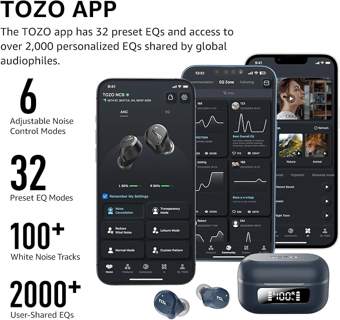 TOZO NC9 Hybrid Active Noise Cancelling Wireless Earbuds, 60H, LED Display | 6 Mic ENC Clear Calls, Deep Bass Sound, IPX8, in Ear Bluetooth 5.3 Headphones,32 EQs via APP, Comfort Fit Ear Buds, Blue - Image 6