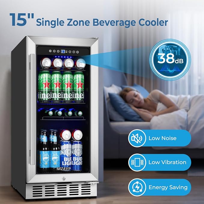 15 Inch Beverage Refrigerator Under Counter, 130 Cans Beverage Fridge Built-in or Freestanding, 15" Drink Cooler with Glass Door, Blue LED Light, Safety Lock - for Home/Kitchen(3.1 cu.ft) - Image 6