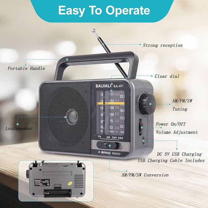 Portable AM/FM Transistor Radio with Loud Speaker, Battery or USB Powered - Compact Emergency Radio for Indoor, Outdoor, Travel & Storms (Model BJL-671) - Image 3