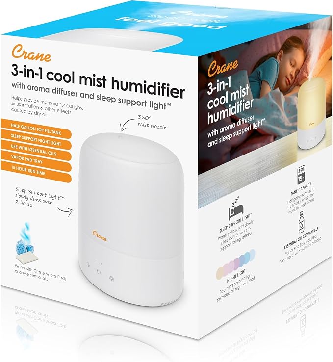 Crane Top Fill Mini Humidifier for Bedroom and Nursery 3-In-1 Essential Oil Diffuser Sleep Light 0.5 Gallon Baby Humidifier - Image 11