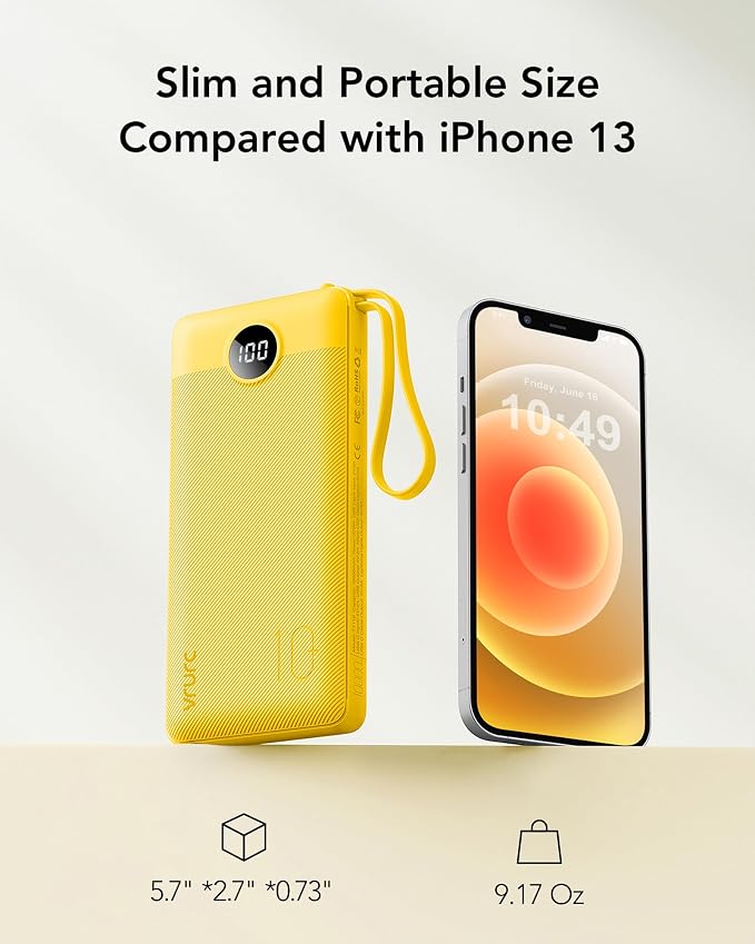 VRURC Portable Charger with Built-in Cables, 10000mAh LED Display USB C Power Bank, Slim Travel Battery Pack with 5 Output 2 Input Compatible with iPhone 17 16 15 13,Samsung,Android etc-Yellow(1 Pack) - Image 5