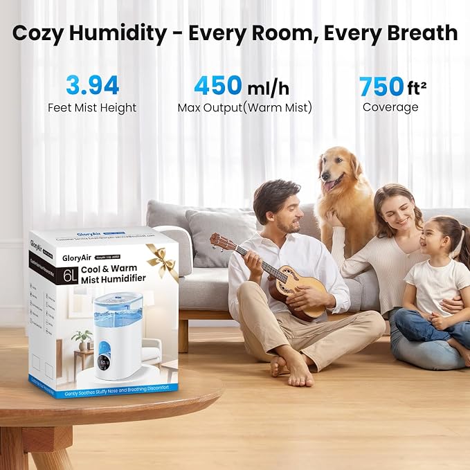 Humidifiers for Bedroom Large Room Home - GloryAir 6L Quiet Top Fill Cool & Warm Mist Humidifier with Smart Humidity Control, Remote Control, 7-Color Light, Humidistat, Oil Diffuser - Image 5
