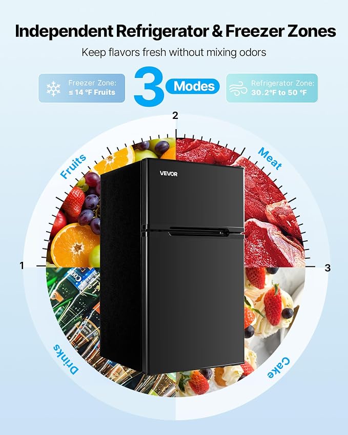 VEVOR 3.2 Cu.Ft Mini Fridge with Freezer, Dual Zone Compact Refrigerator, 3-Mode Adjustable Temperature, Energy Efficient Small Fridge, Reversible Door, Low Noise, for Bedroom, Dorm, Office, Black - Image 4