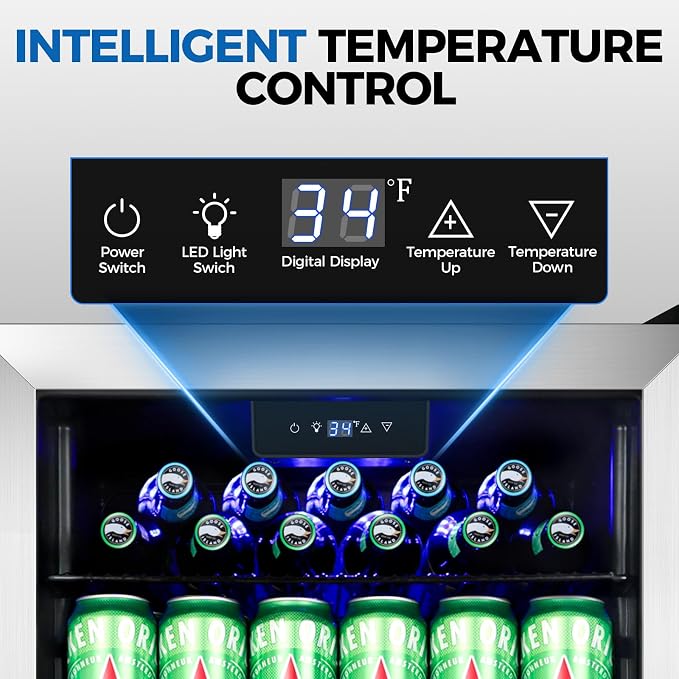 20 Inch Beverage Refrigerator Cooler, 145 Cans Mini Fridge with Glass Door&Lock, Small Drink Cooler Freestanding/Counter-Top for Soda, Beer with LED Light for Home Bar Office - 3.4 Cu.Ft, Silver - Image 2