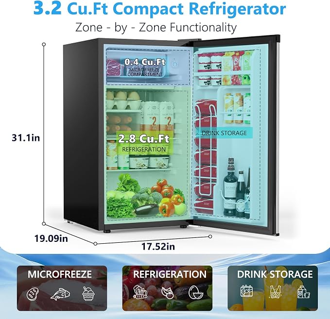 COWSAR 3.2 Cu.Ft Mini Fridge with Freezer for Bedroom Dorm, Silver | Single Reversible Door, 7 Temperature Settings, Energy Saving, 2 Removable Glass Shelves, Small Refrigerator for Apartment - Image 2