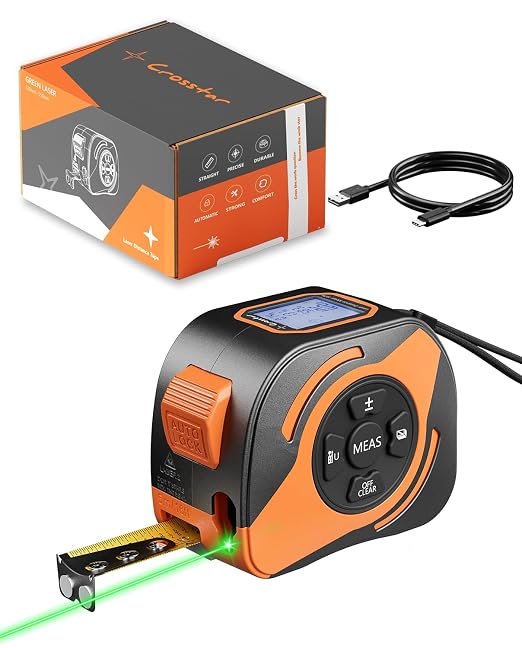 Crosstar 2-in-1 Laser Tape Measure 197ft, 532nm Green Beam, 16ft Manual Tape by Crosstar