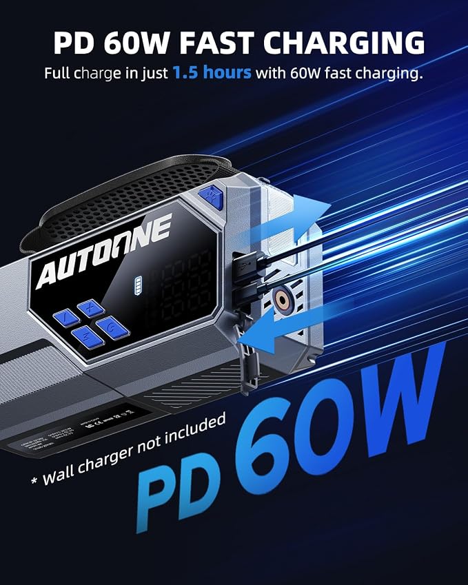 AUTOONE 10000A Jump Starter with Air Compressor, 24000mAh Jump Box with Tire Inflator (All Gas & Diesel) Portable Car Battery Booster Jumper Starter Pack, Jumper Cables, Type C, 60W Charging, Light - Image 6