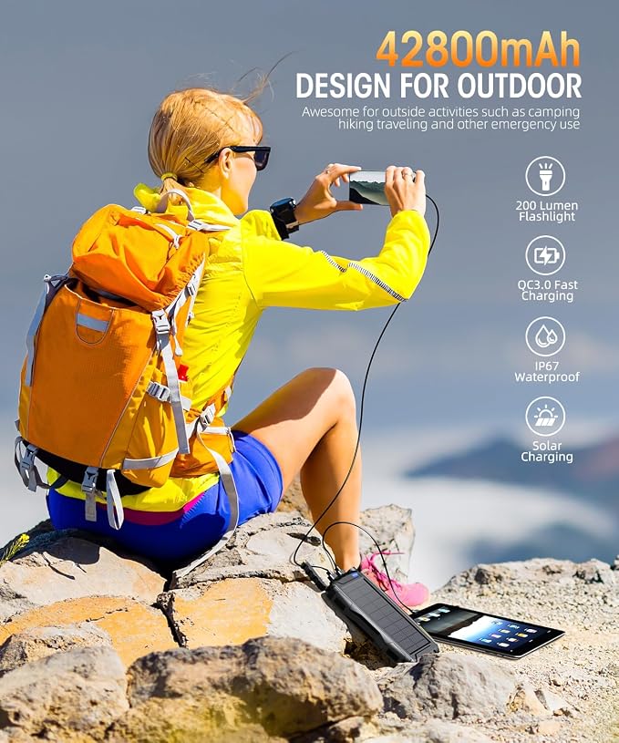 Mregb Solar Charger Power Bank 42800mAh, Portable Charger, Solar Power Bank,External Battery Pack 5V3.1A Qc 3.0 Fast Charger Built-in Super Bright Flashlight (Black) - Image 7