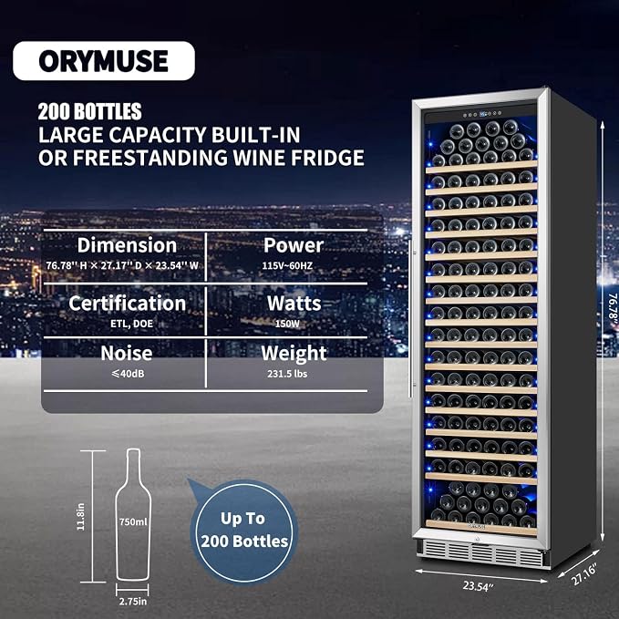 Large 200 Bottle Wine Fridge - 24 Inch Wine Cooler Refrigerator, Freestanding and Built-in Design, Upgraded Compressor Cooling, Intelligent Temperature Memory - Image 2