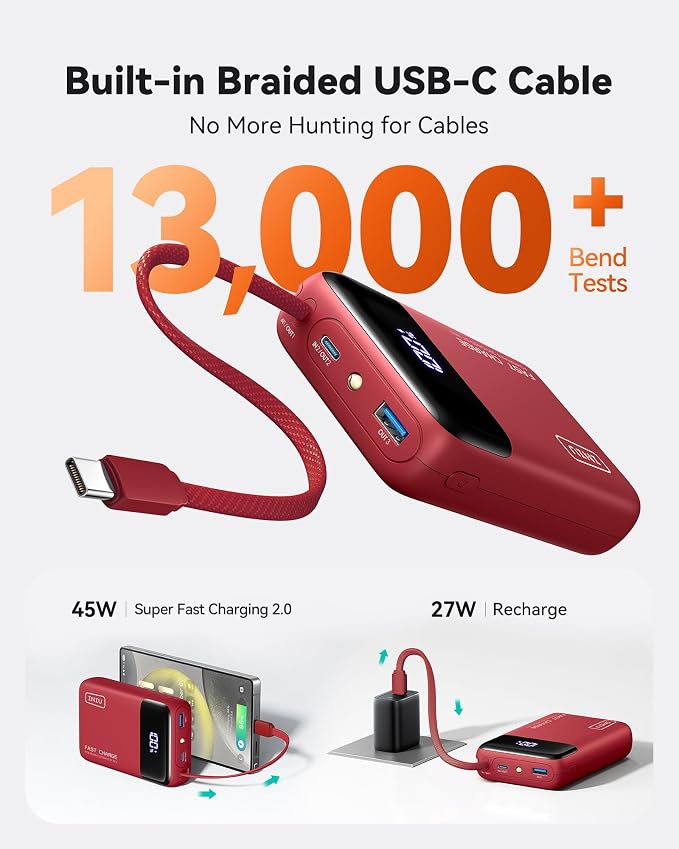 INIU 20000mAh Power Bank, Small Portable Charger, 45W PD Fast Charging Battery Pack with Build in USB-C Cable, Travel Phone Charger for iPhone 17 16 15 14 Air Samsung S25 S24 Google iPad Xiaomi, Red - Image 4