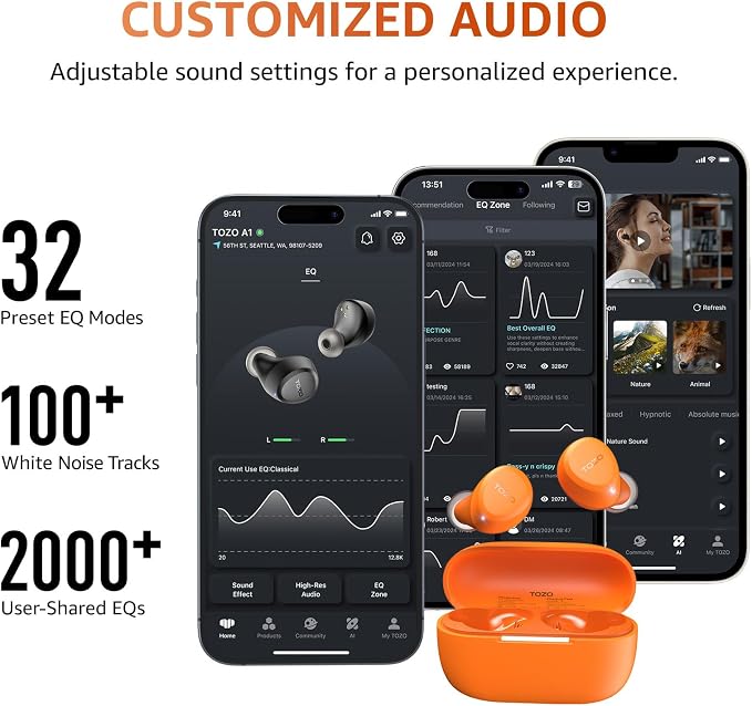 TOZO A1 Wireless Earbuds Bluetooth 5.3 Light Weight in Ear Headphones | IPX5 Waterproof, 2 Mics for AI Calls, Immersive Premium Sound Bass Ear buds with Charging Case, 32 Presets EQ via TOZO App - Image 7