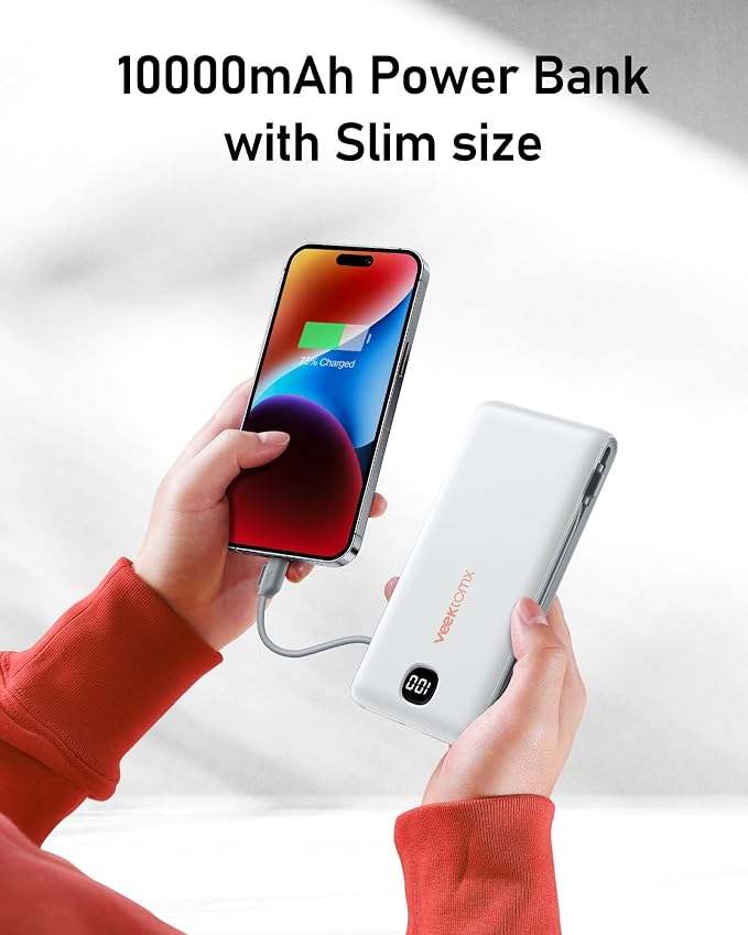 VEEKTOMX Portable Charger with Built in Cables 10000mAh, Power Bank for iPhone with AC Wall Plug, Fast Charging USB C Slim Battery Pack with LED Display Compatible with iPhone 17/16/15/14, Samsung - Image 7