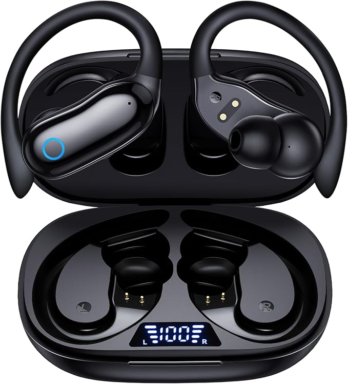 GNMN Active Noise Cancelling Ear Buds Wireless Earbuds 96hrs Playback Bluetooth Headphones Dual Battery Display Stereo Bass Earphones with Earhooks Microphone IPX7 Waterproof for Sports/Runing/Workout by GNMN