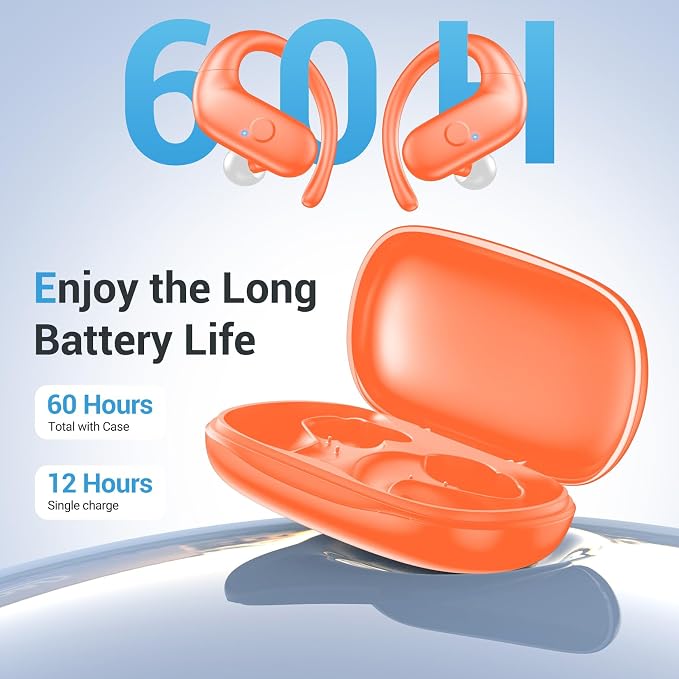 Sport Wireless Earbuds,60Hrs BT5.4 ENC IPX7 Waterproof Earhooks Deep Bass | 14.2mm drivers deliver rich stereo sound. Soft silicone ensures a secure, painless fit for long workouts. - Image 7