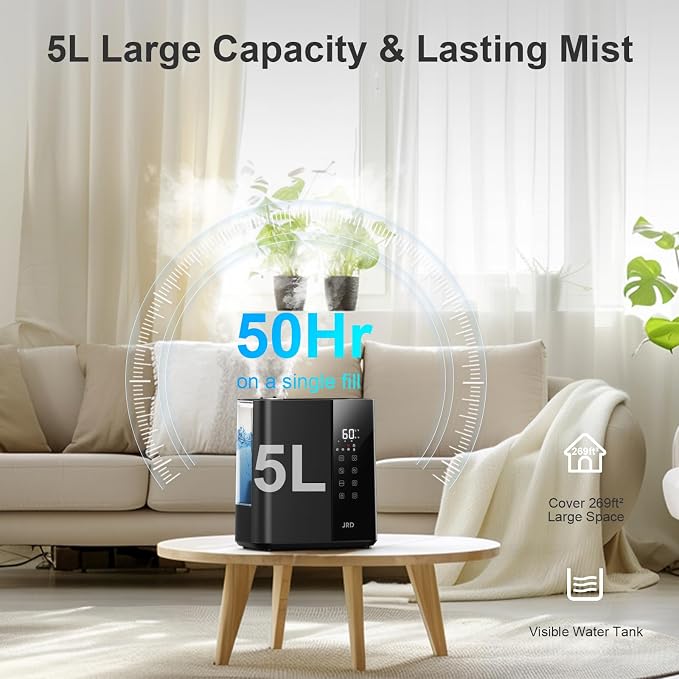 JRD Warm & Cool Mist Humidifiers for Bedroom 5L, Quiet Ultrasonic Air Humidifier Fast Symptom Relief, 50H Runtime, Oil Diffuser, 12H Timer, 7 Color Light for Large Room, Office, Baby, Plants-Black - Image 3