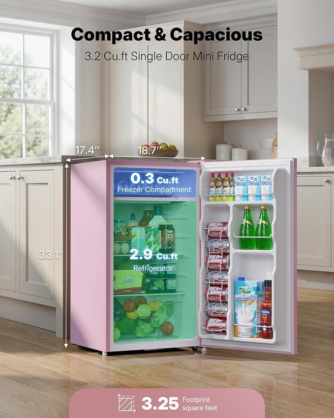 Upstreman 3.2 Cu.Ft Mini Fridge with Freezer, Pink-BR321 | Adjustable Thermostat, Energy Saving, Low Noise, Reversible Door, Small Refrigerator for Dorm, Bedroom, Office - Image 2