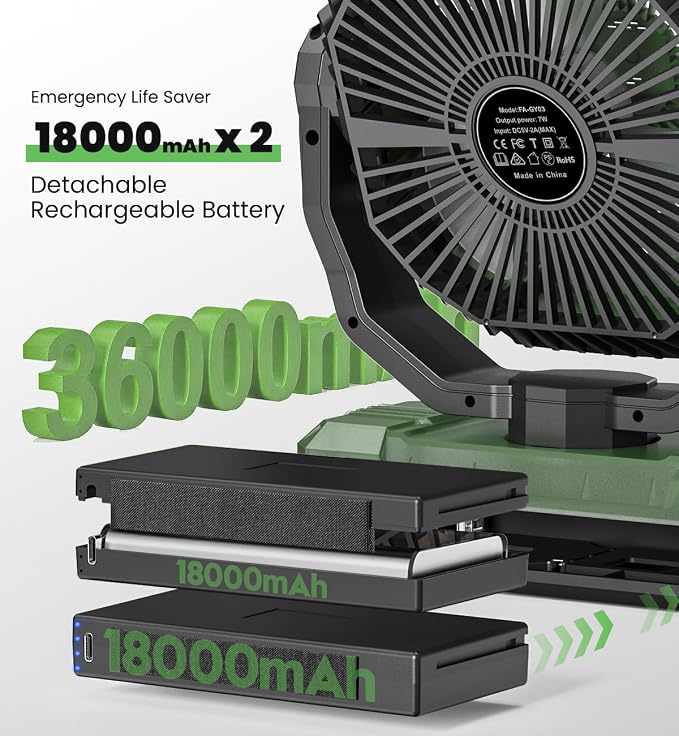 36000mAh Portable Camping Fan - 120HRS Rechargeable Fan with Detachable Battery with LED - 4 Speeds Battery Powered for Tent,Travel, Office, Jobsite, Green - Image 3