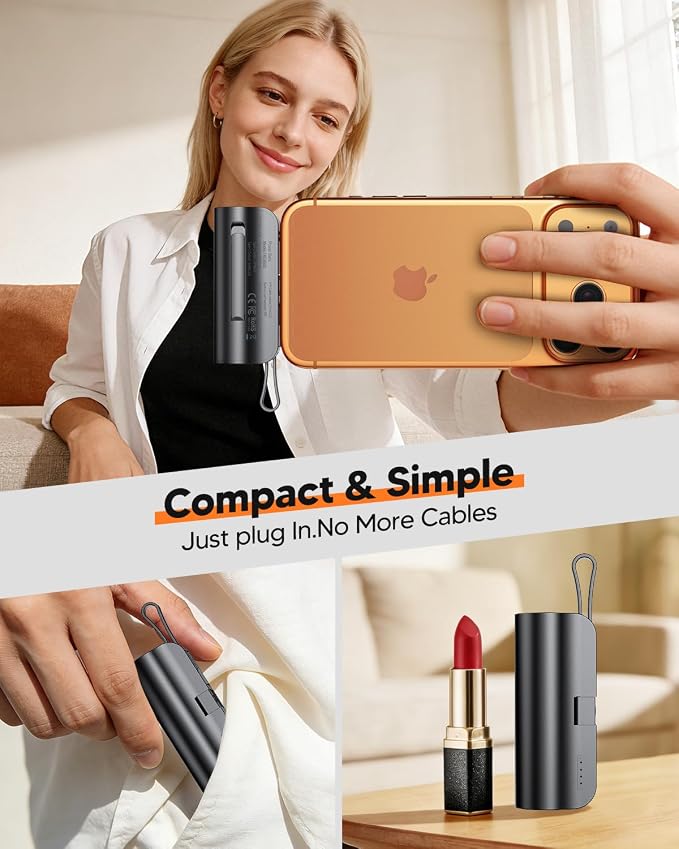 5000mAh Mini Portable Charger with Built-in Type C Connector & Cables,5V 2.4A USB-C Small Power Bank,2 Output Flashlight External Battery Pack Compatible with iPhone 17-12 Pro Galaxy,iPad (Black) - Image 3