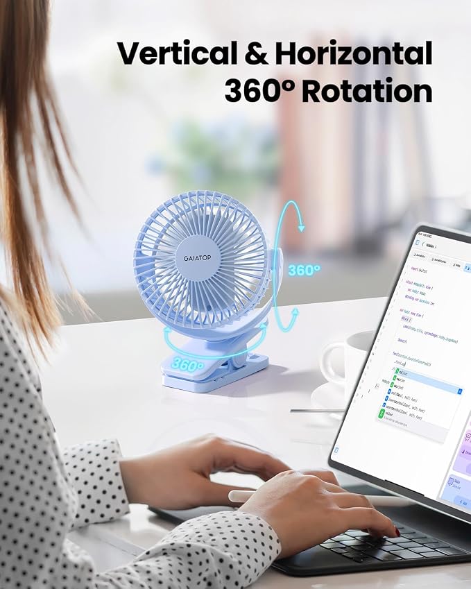 Gaiatop Portable Clip on Fan Battery Operated, Small Powerful 3 Speed Quiet 360° Rotate, USB Rechargeable Mini Personal Cooling Fan for Desk Table Home Office Stroller Camping Women Gifts Light Blue - Image 2