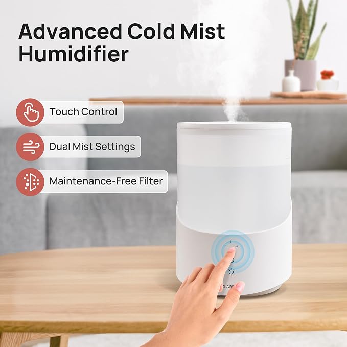 Clarston Humidifiers for Bedroom, 2.5L Cool Mist Humidifier with Essential Oils Diffuser and Nightlight, Top Fill Humidifiers for Home Large Room, Timer, Auto Shut-off, 25H Runtime - Image 8