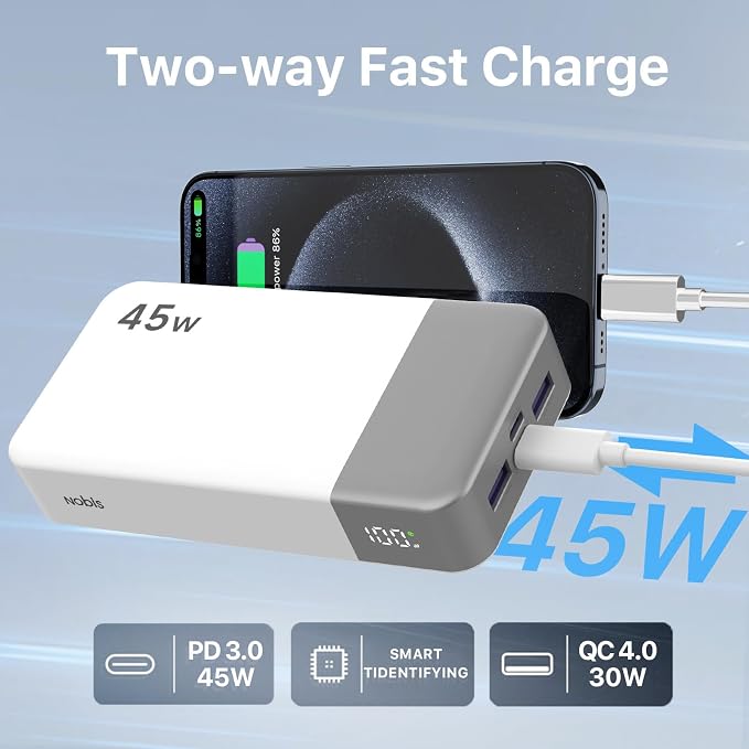 NOBIS Portable Charger, 20000mAh Power Bank, 45W Power Bank Fast Charging, Battery Pack with C to C Cable, Battery Bank with Digital Display for iPhone Android Laptop etc (White) - Image 6