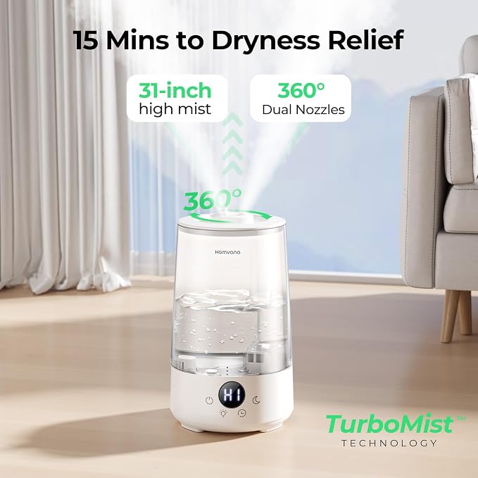 Homvana Humidifiers for Bedroom Home, 3.6 L Cool Mist Top-Fill 34H Super Long Time, Quiet 23dB, Baby Humidifier, Oil Diffuser for Large Room, House, Plant, Nursery, BPA FREE, Ultrasonic (Transparent) - Image 3