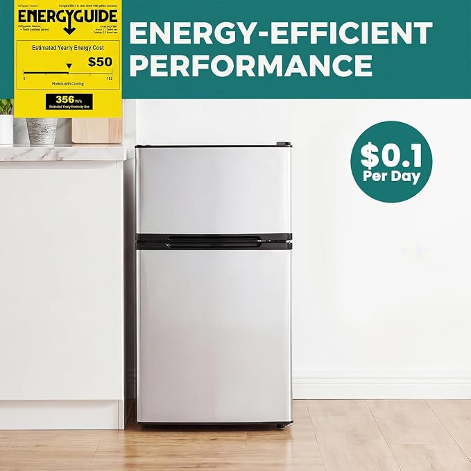 3.2 Cu.Ft Mini Fridge with Freezer, Quiet Small Refrigerator | Double Door, Adjustable Thermostat and Removable Glass Shelves, For Office, Bedroom, Dorm and Apartment - Image 6
