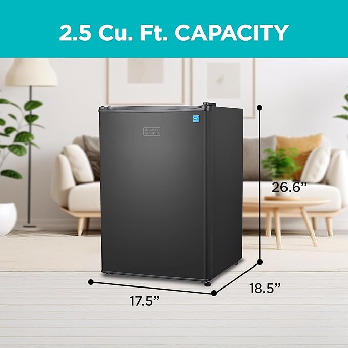 BLACK+DECKER 2.5 Cu. Ft. Compact Refrigerator, Energy Star, BCRK25B, Black | Energy Star Certified, Single Door Mini Fridge with Chiller Compartment, Personal Fridge for Home or Dorm, R600a Refrigerant - Image 2
