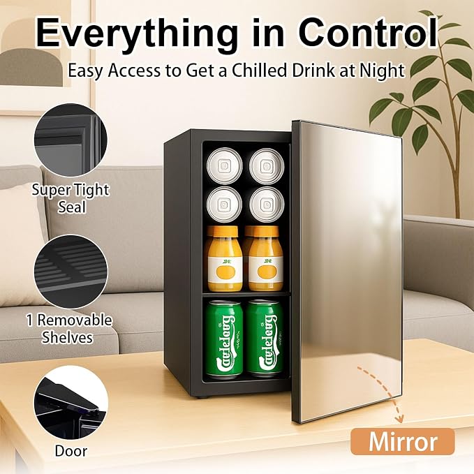 DOGHLY 0.95 Cu.Ft Mini Fridge Mirror Door, 24 Cans Beverage Refrigerator | Beauty Skincare Fridge with Temperature Control, Removable Shelf, Small Makeup Cooler for Bedroom, Dorm, Office - Image 2