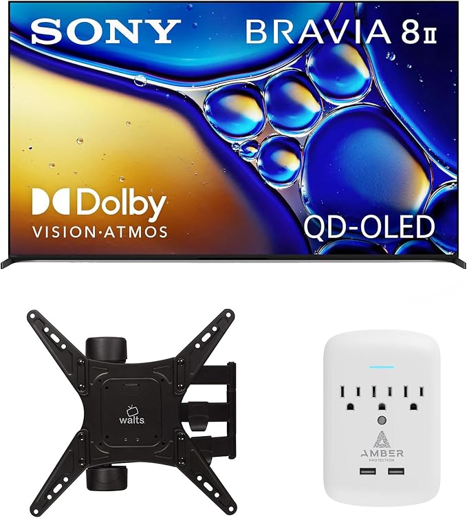 SONY K55XR80M2 55 Inch Bravia 8 QD-OLED 4K HDR Google TV with a Walts Medium Full Motion Mount for 32"-65" TVs and Amber Protection 3-Outlet-Surge Surge Protector (2025) by Unknown