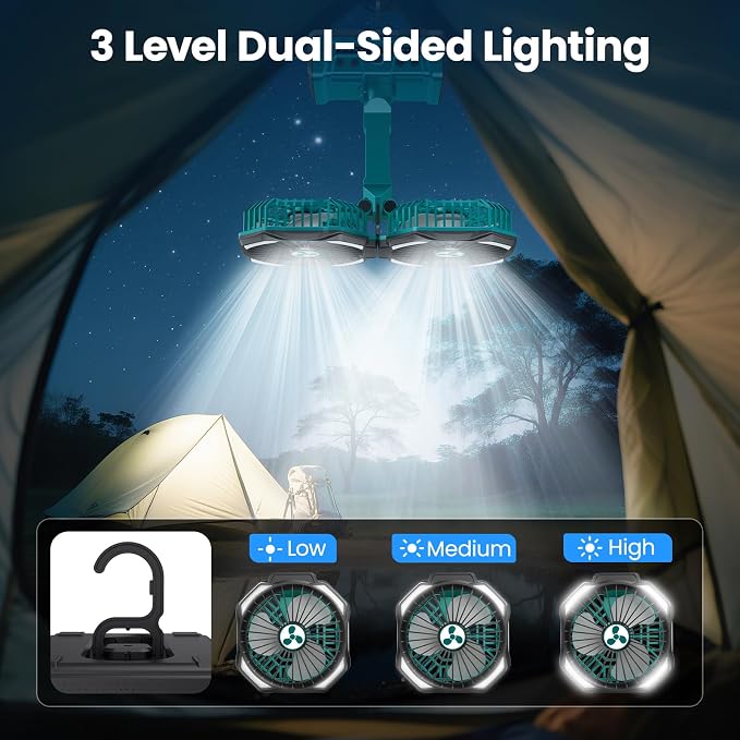 Dual Head Portable Rechargeable Fan 20000mAh Battery Powered Fan Camping Cordless with 360° Air Delivery, LED Lantern & Remote, Auto Oscillation, Battery Operated for Tent Office Travel Picnic Jobsite - Image 4