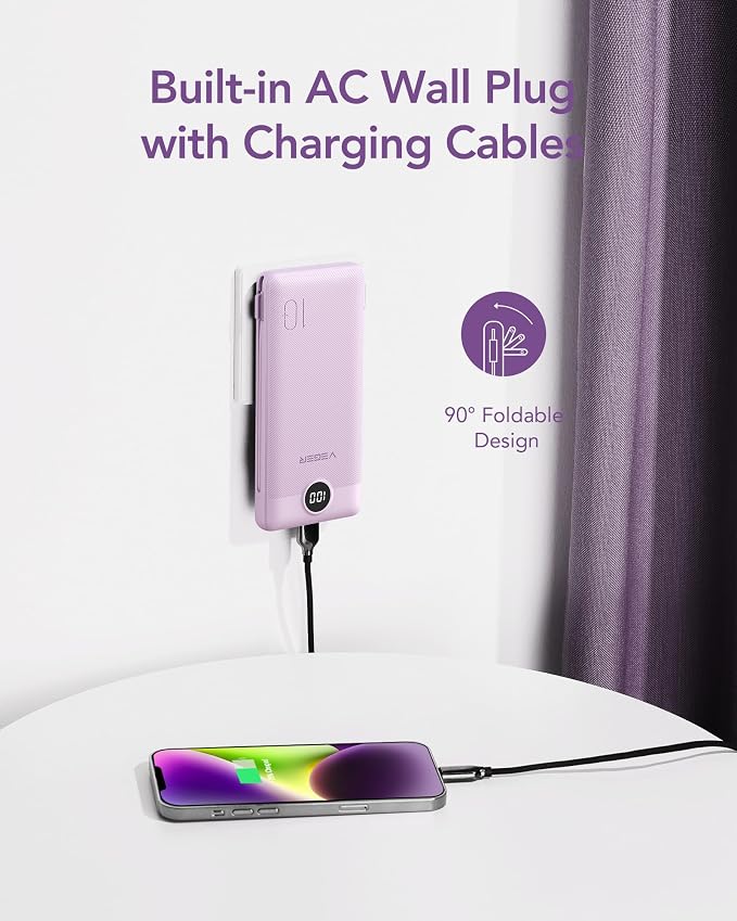 VEGER Portable Charger with Built-in AC Plug and Cables, All in One 10000mAh Ultra Slim Power Bank Travel Essentials, Fast Charging Battery Pack Compatible with iPhone, Samsung, Android (Purple) - Image 3